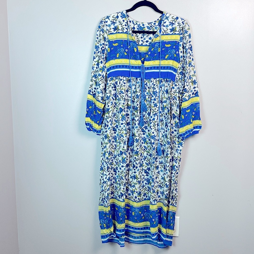 Blue & White Floral Maxi Dress with Yellow Accents